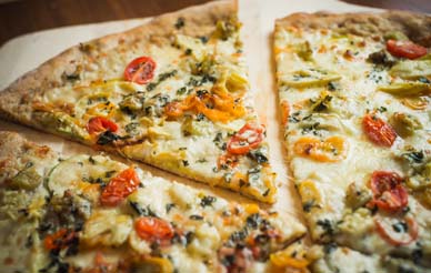 Veggie Pizza with baby heirloom tomatoes